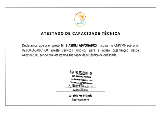 Imagem atestado técnico Lar Sírio pró-infância
